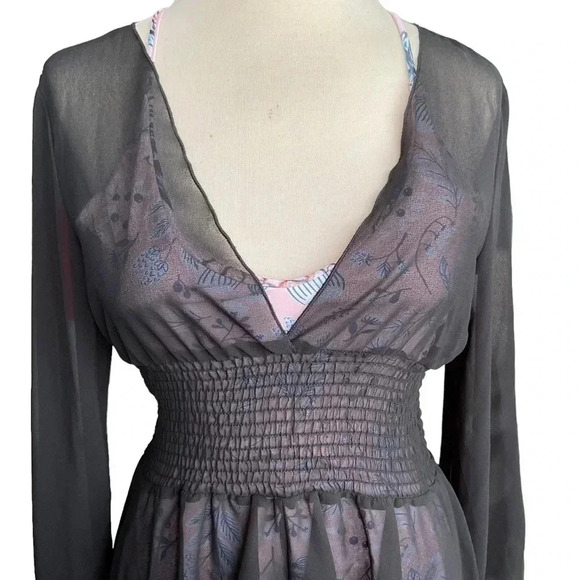 Black Asymmetrical Deep-V Sheer Swim Coverup Dress with Elastic Waist- Medium - Picture 5 of 10